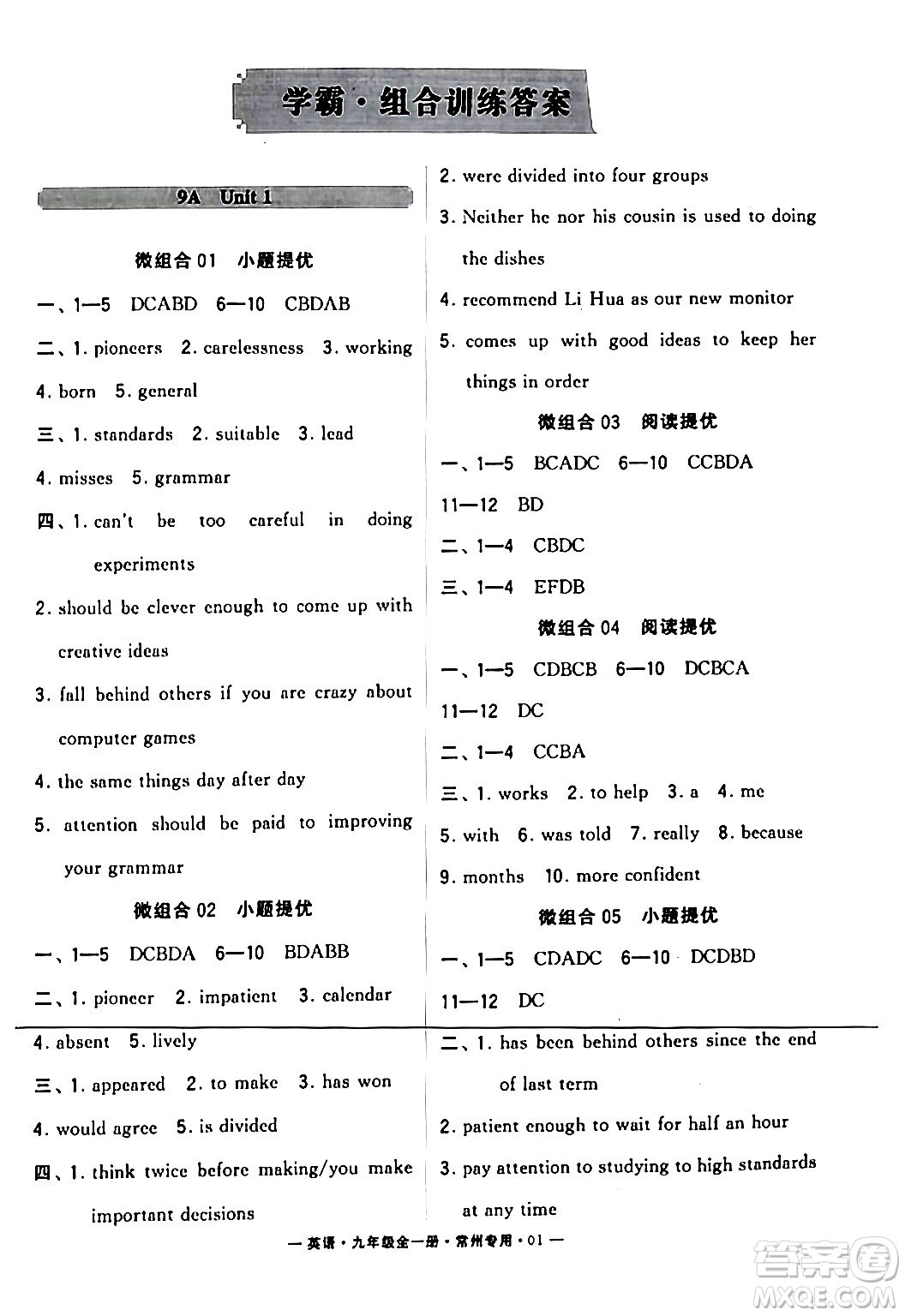 河海大學出版社2024年春經(jīng)綸學典學霸組合訓練九年級英語下冊常州專版答案