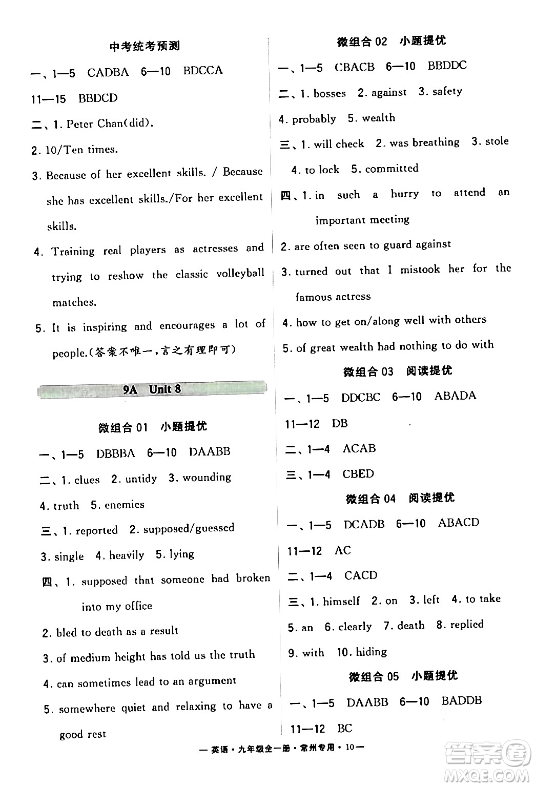 河海大學出版社2024年春經(jīng)綸學典學霸組合訓練九年級英語下冊常州專版答案