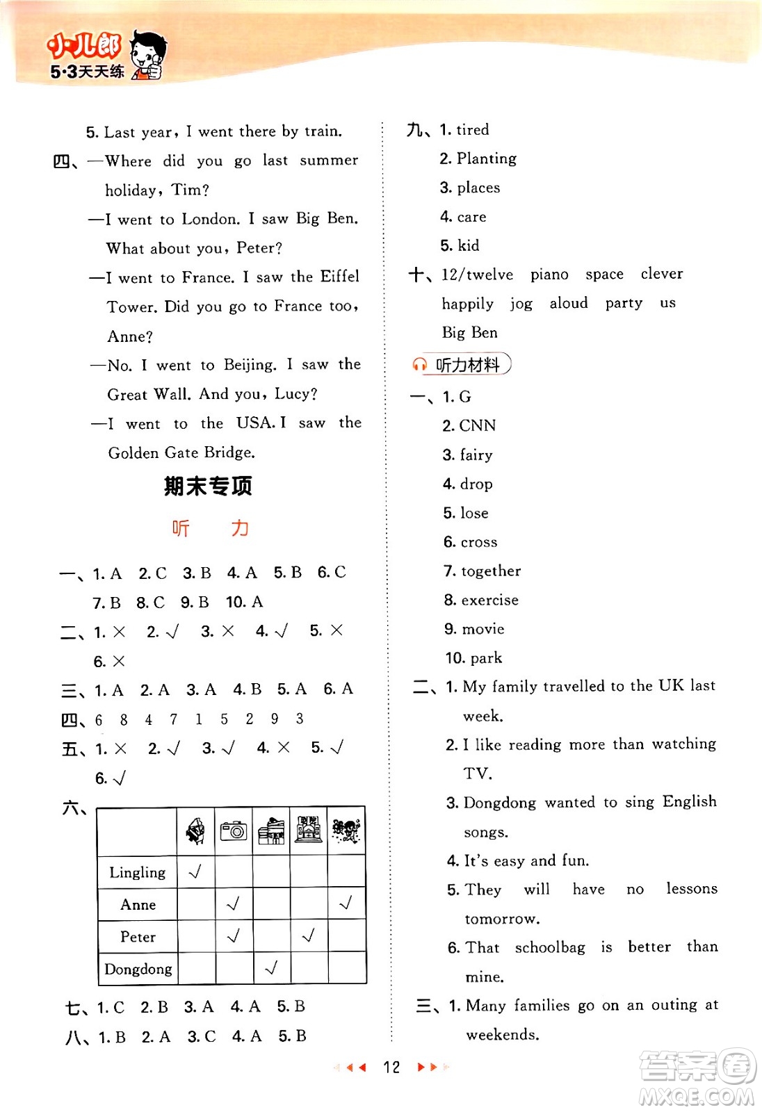 地質(zhì)出版社2024年春53天天練六年級英語下冊西師版答案