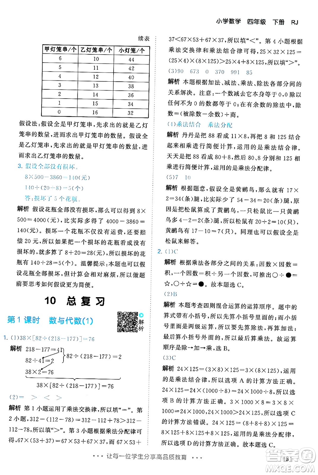 教育科學(xué)出版社2024年春53天天練四年級(jí)數(shù)學(xué)下冊(cè)人教版答案