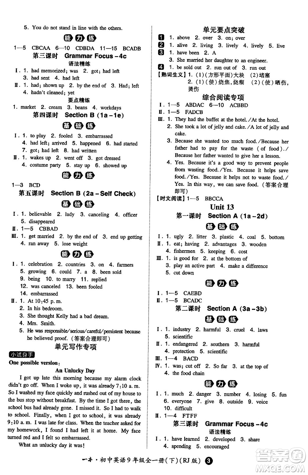 湖南教育出版社2024年春一本同步訓(xùn)練九年級(jí)英語全一冊(cè)人教版答案