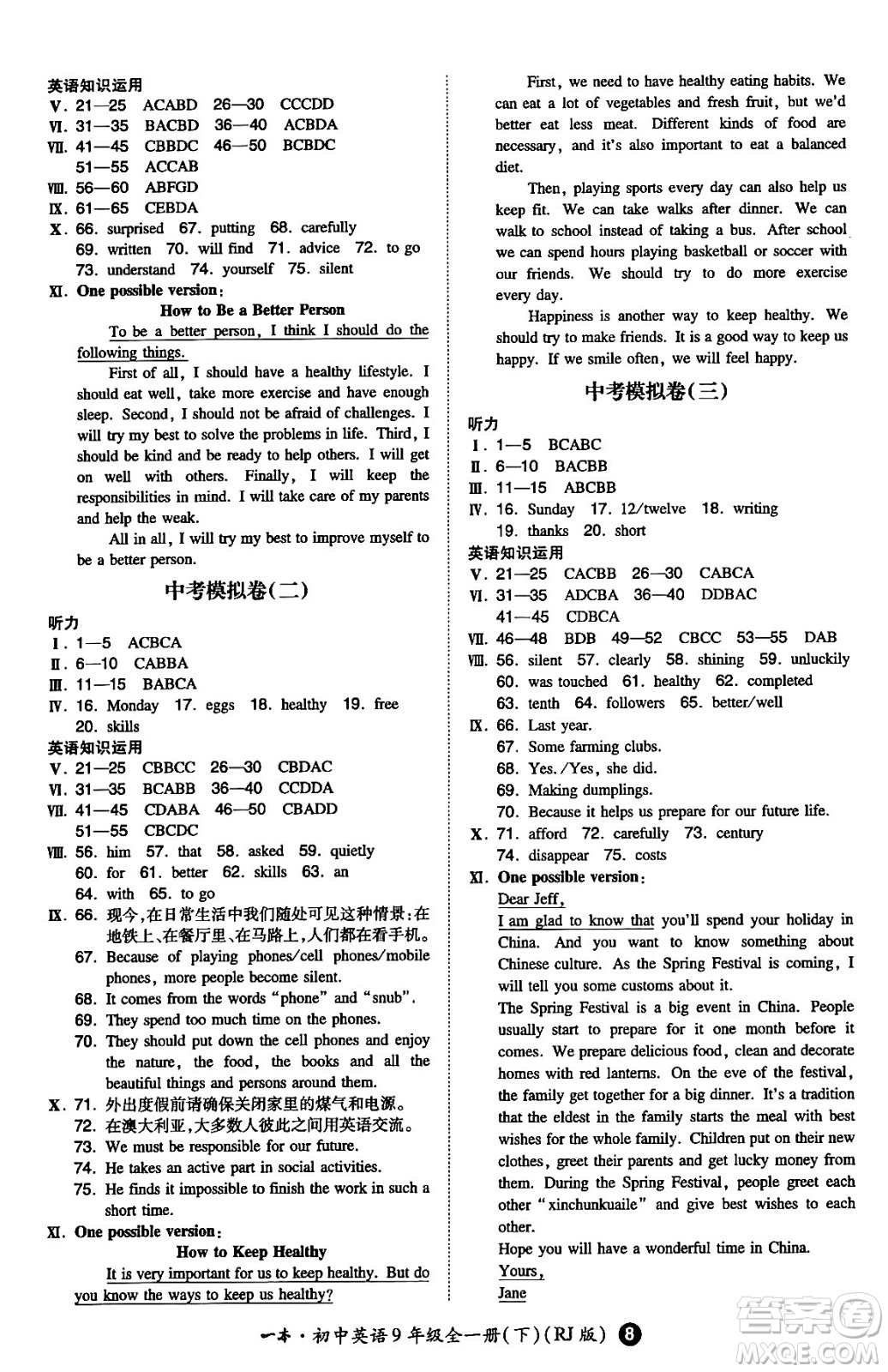 湖南教育出版社2024年春一本同步訓(xùn)練九年級(jí)英語全一冊(cè)人教版答案