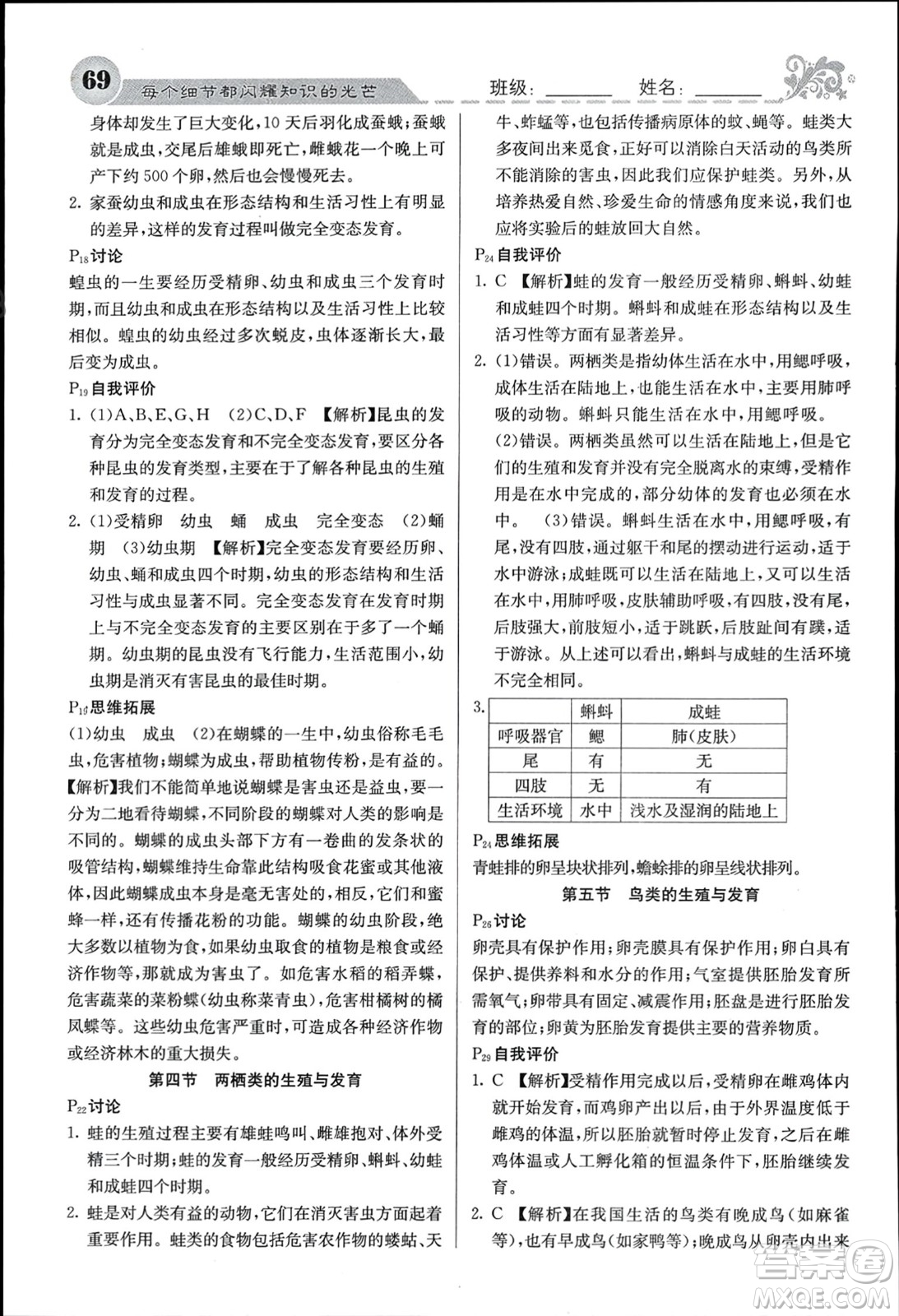 四川大學(xué)出版社2024年春課堂點(diǎn)睛八年級(jí)生物下冊(cè)蘇教版參考答案