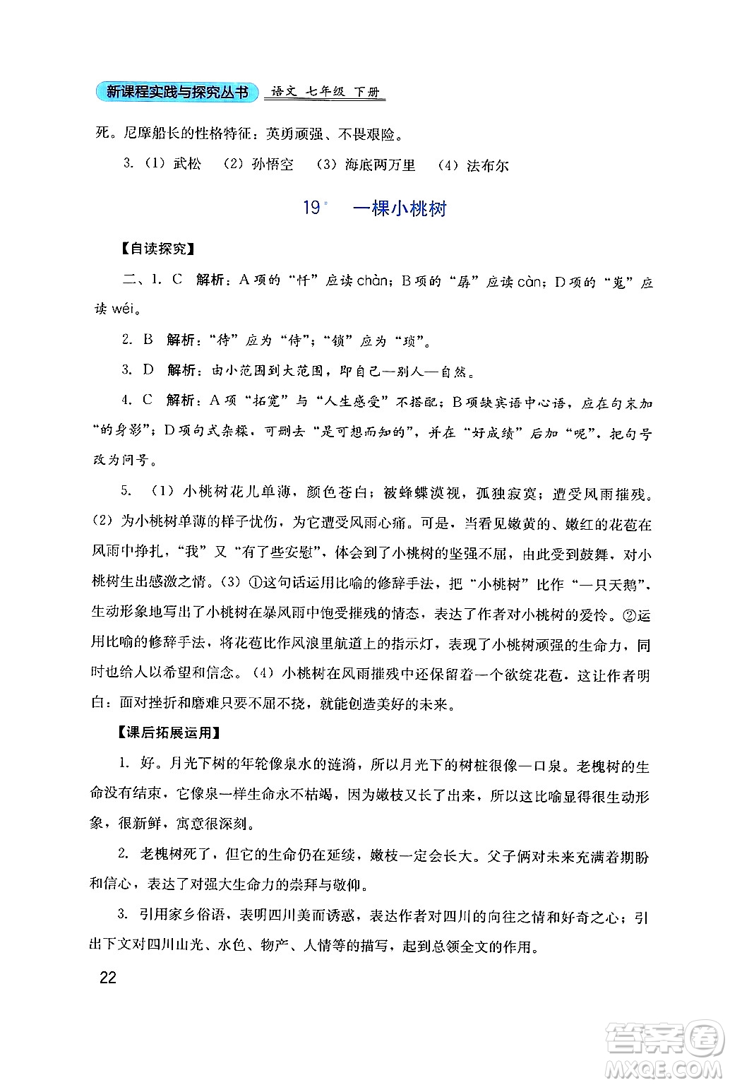 四川教育出版社2024年春新課程實(shí)踐與探究叢書七年級語文下冊人教版答案