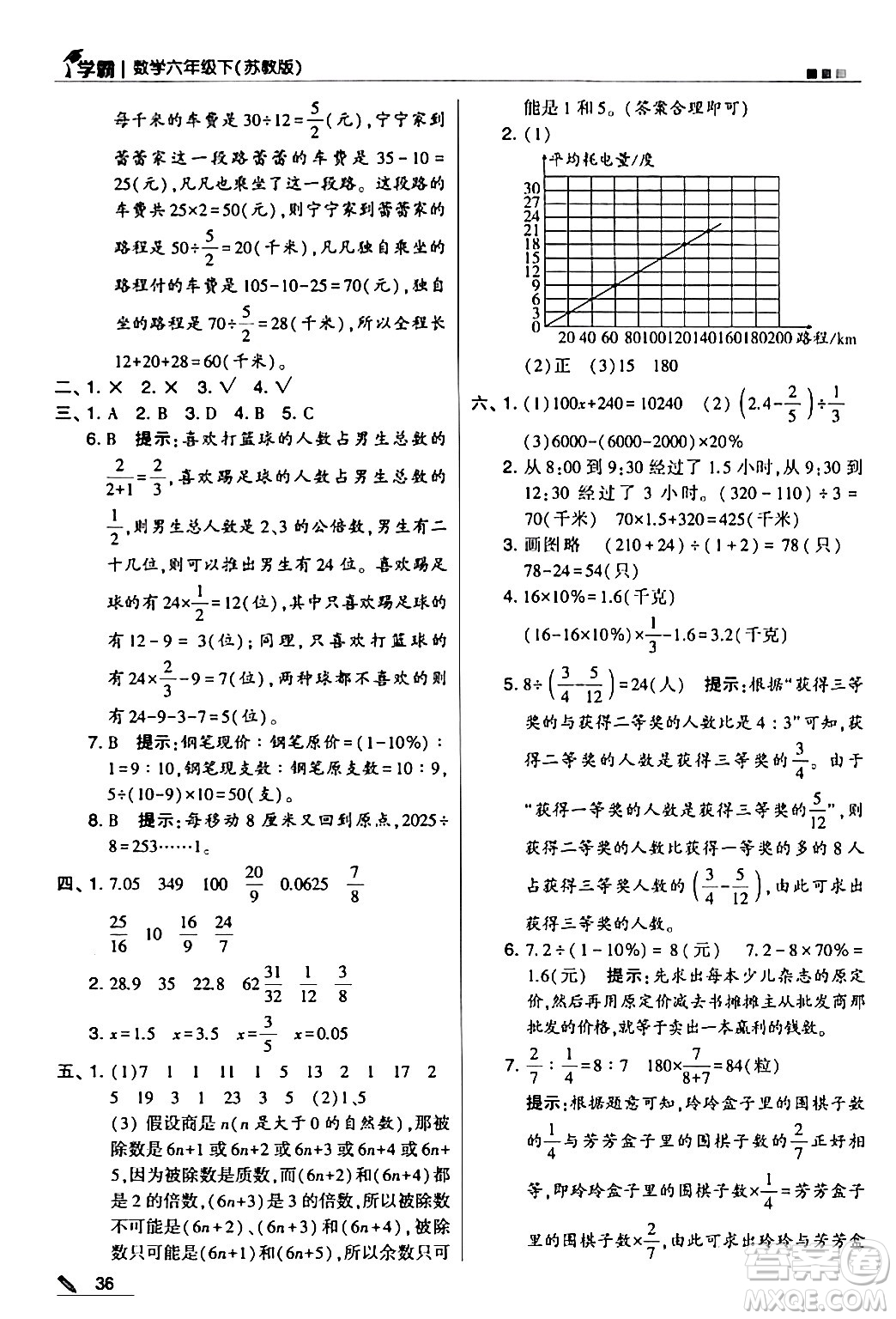 甘肅少年兒童出版社2024年春5星學(xué)霸六年級數(shù)學(xué)下冊蘇教版答案