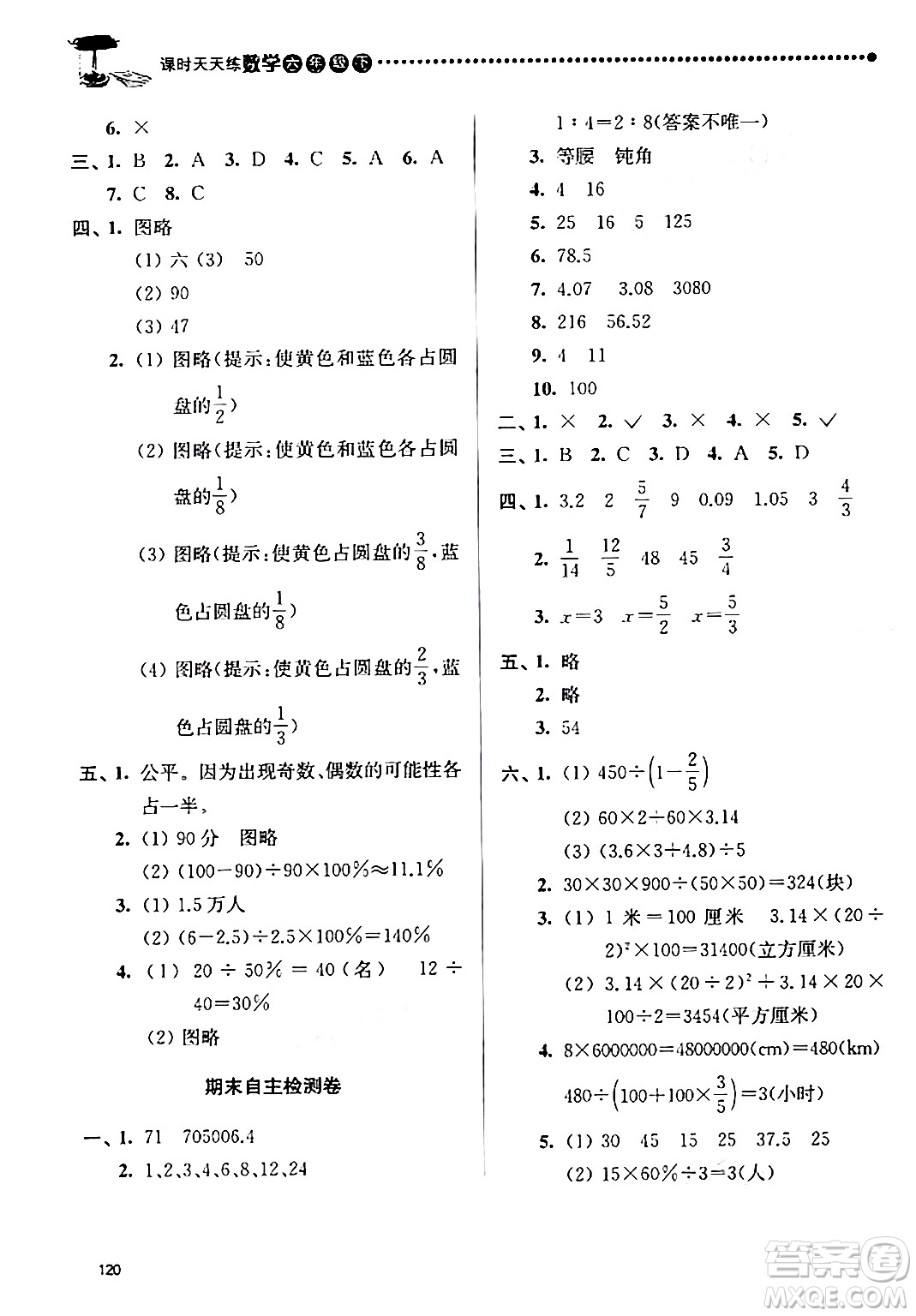 南京大學出版社2024年春課時天天練六年級數(shù)學下冊蘇教版答案