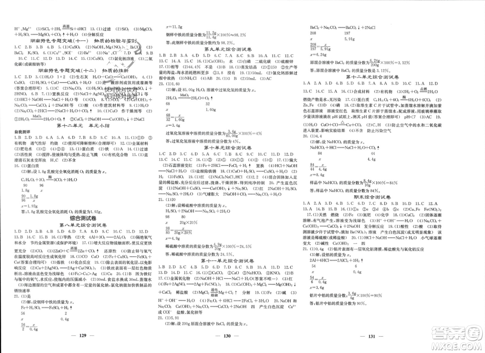 四川大學(xué)出版社2024年春課堂點(diǎn)睛九年級(jí)化學(xué)下冊(cè)人教版湖南專版參考答案