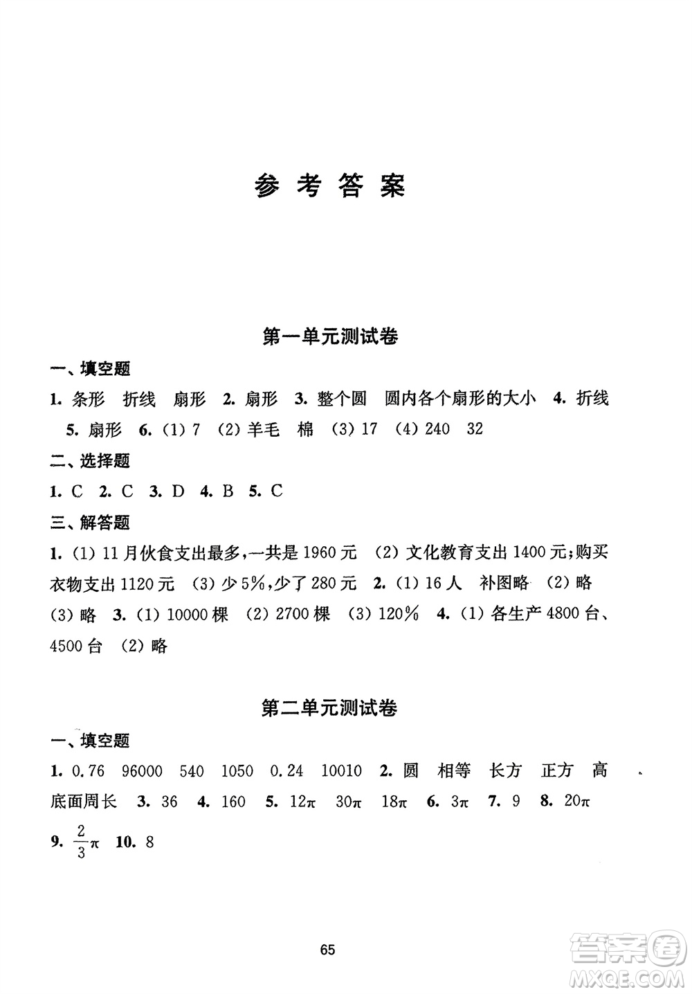 譯林出版社2024年春練習(xí)與測試小學(xué)數(shù)學(xué)活頁卷六年級下冊蘇教版參考答案