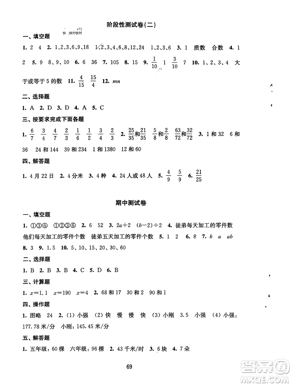 譯林出版社2024年春練習(xí)與測(cè)試小學(xué)數(shù)學(xué)活頁(yè)卷五年級(jí)下冊(cè)蘇教版參考答案