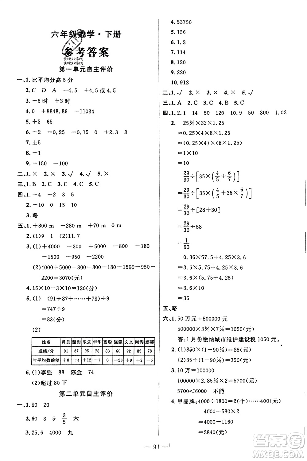 長江少年兒童出版社2024年春智慧課堂自主評(píng)價(jià)六年級(jí)數(shù)學(xué)下冊(cè)通用版參考答案