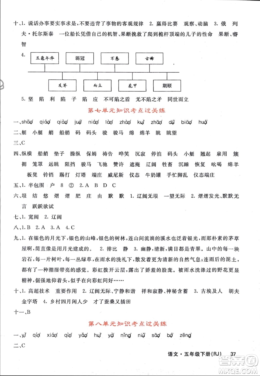 長江少年兒童出版社2024年春課堂點睛五年級語文下冊人教版湖北專版參考答案