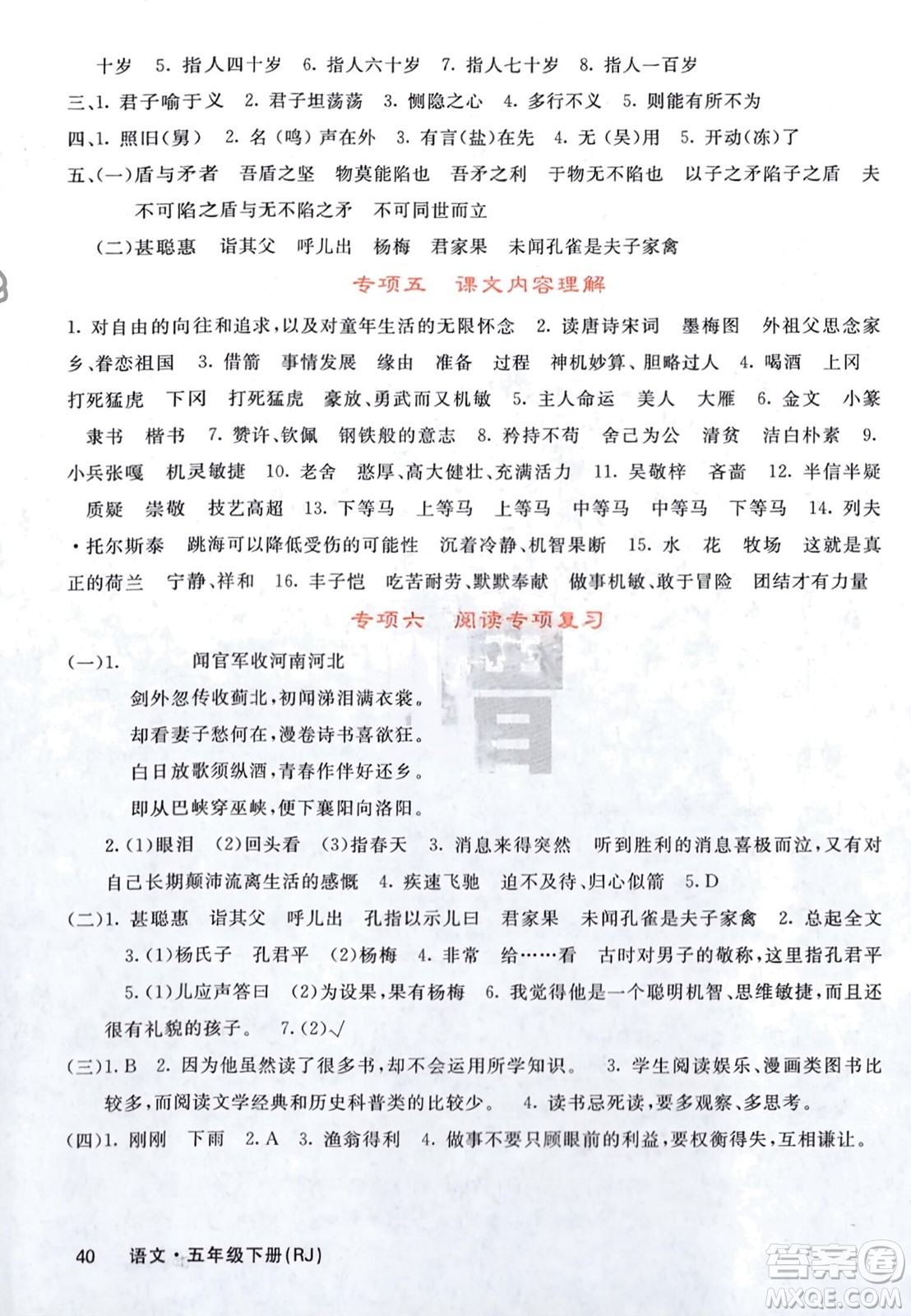 長江少年兒童出版社2024年春課堂點睛五年級語文下冊人教版湖北專版參考答案