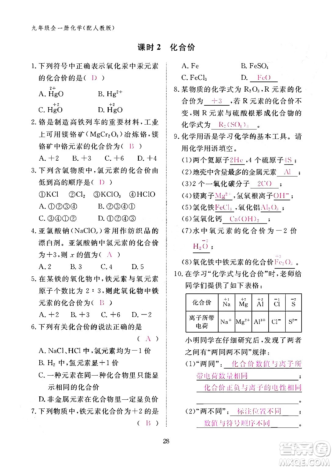 江西教育出版社2024年春化學作業(yè)本九年級化學下冊人教PEP版答案