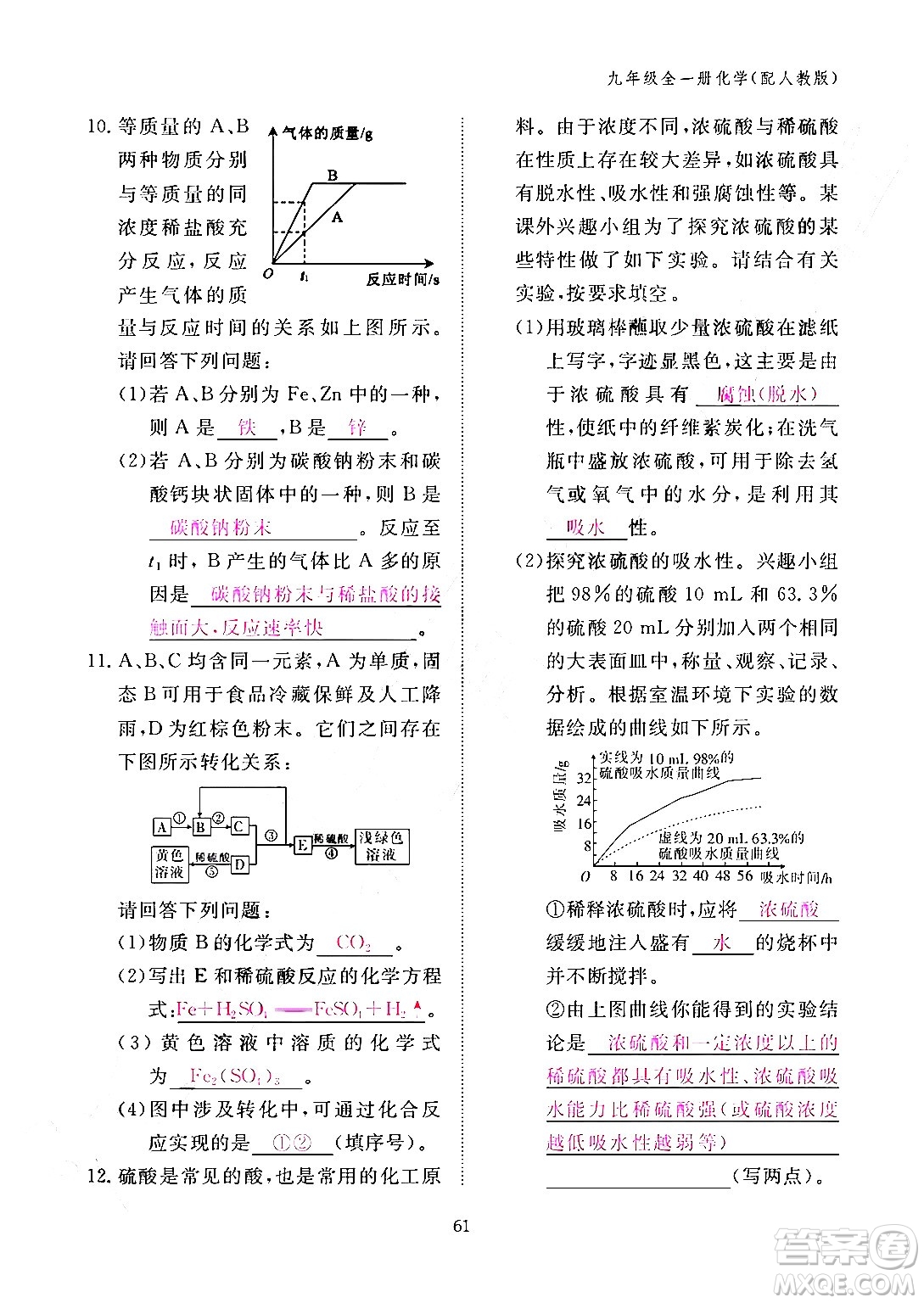 江西教育出版社2024年春化學作業(yè)本九年級化學下冊人教PEP版答案