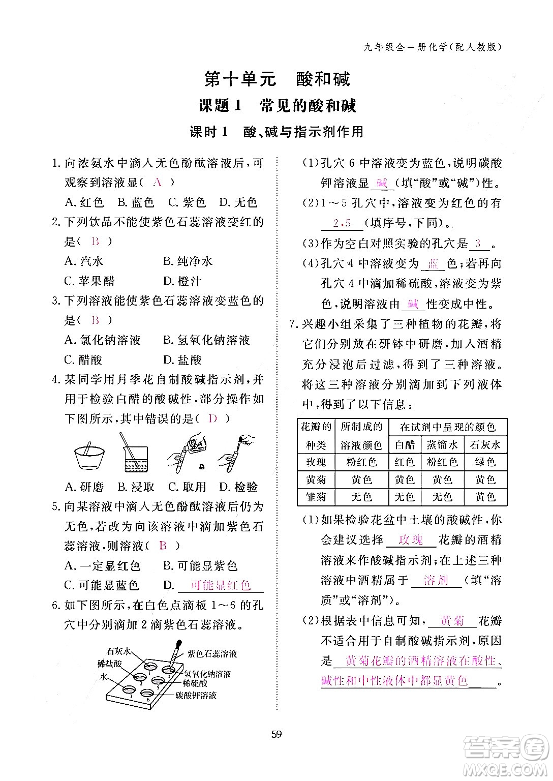 江西教育出版社2024年春化學作業(yè)本九年級化學下冊人教PEP版答案