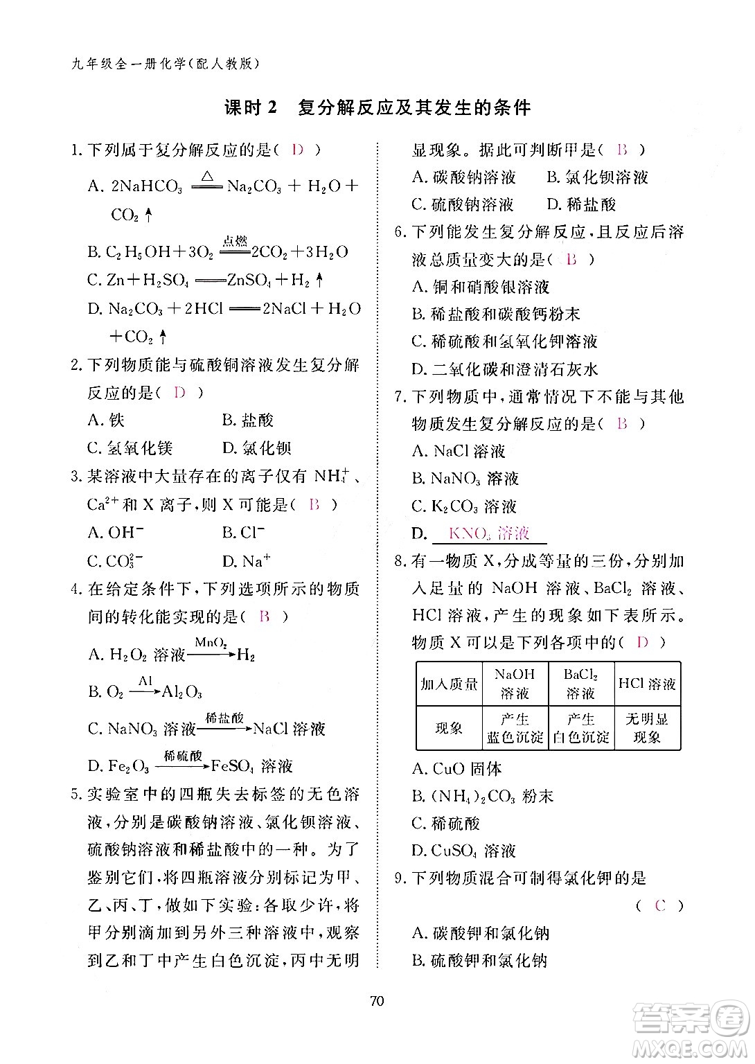 江西教育出版社2024年春化學作業(yè)本九年級化學下冊人教PEP版答案