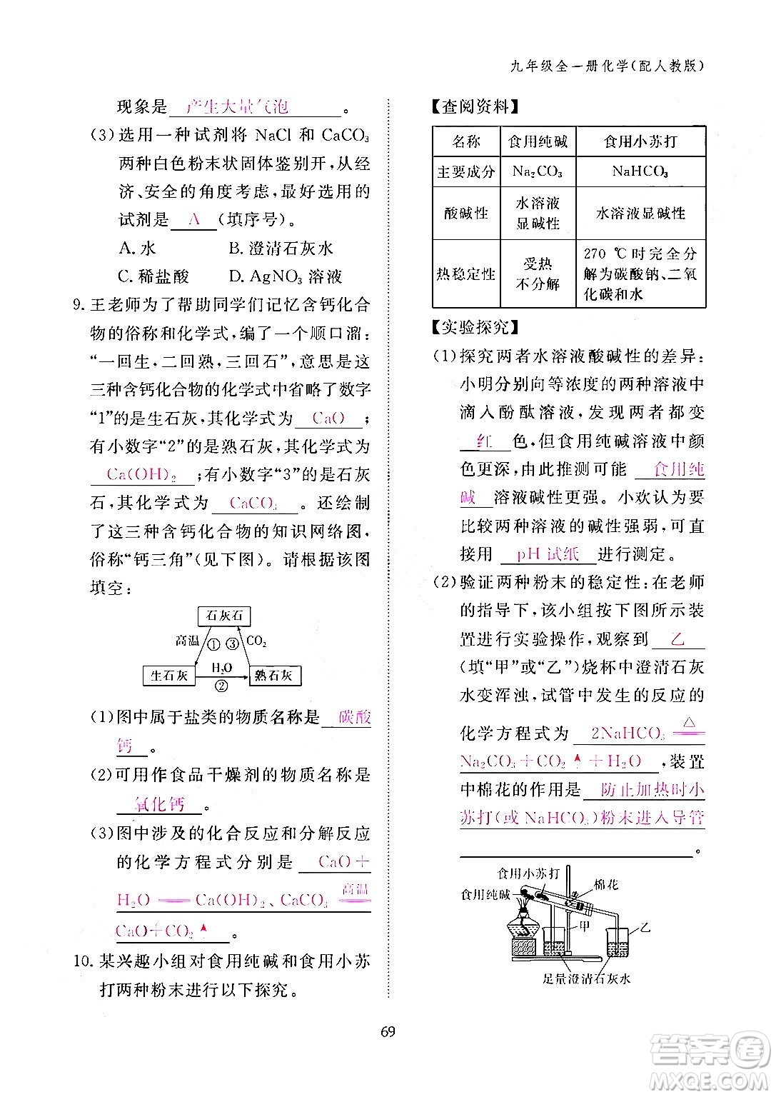 江西教育出版社2024年春化學作業(yè)本九年級化學下冊人教PEP版答案