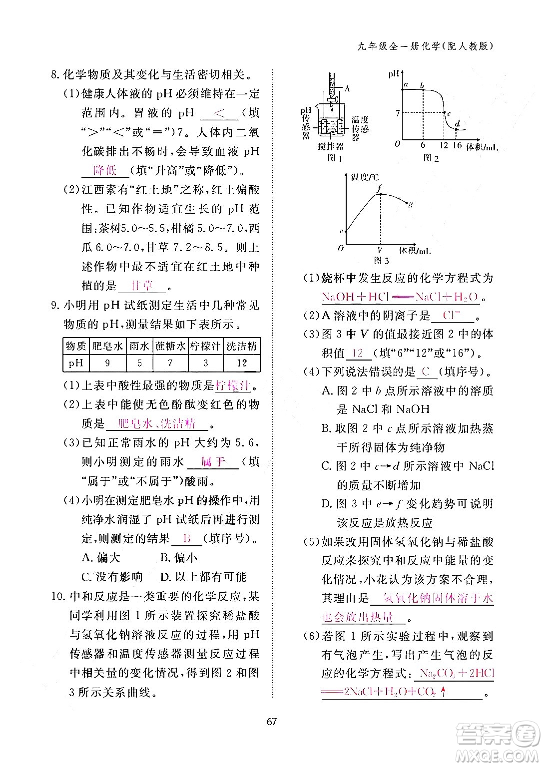 江西教育出版社2024年春化學作業(yè)本九年級化學下冊人教PEP版答案