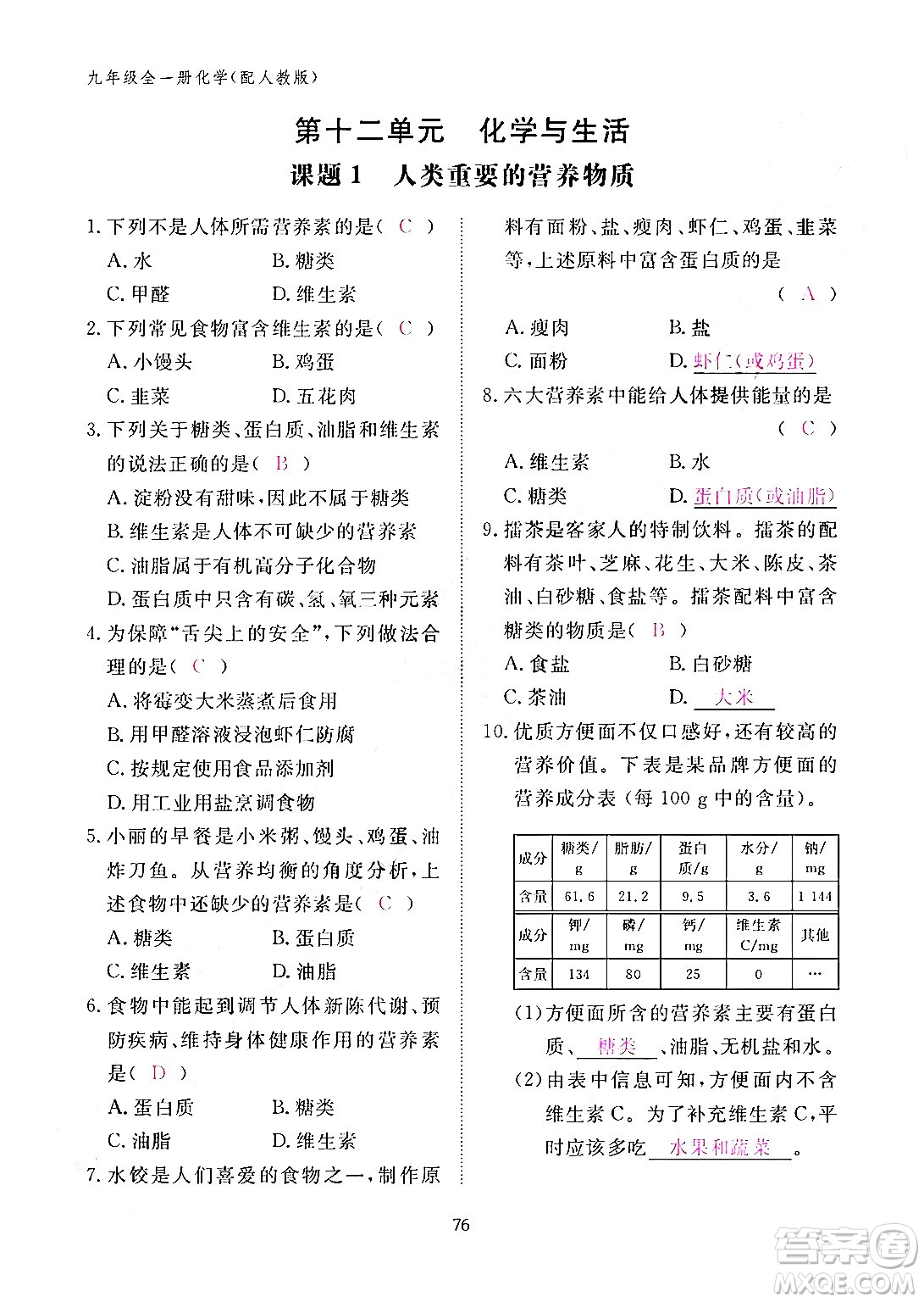 江西教育出版社2024年春化學作業(yè)本九年級化學下冊人教PEP版答案