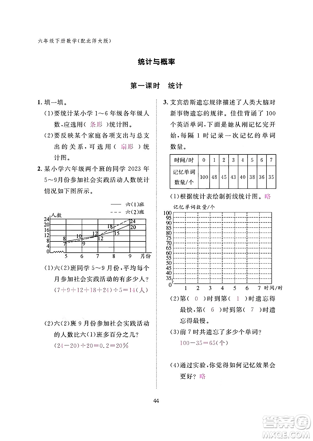 江西教育出版社2024年春數(shù)學(xué)作業(yè)本六年級數(shù)學(xué)下冊北師大版答案
