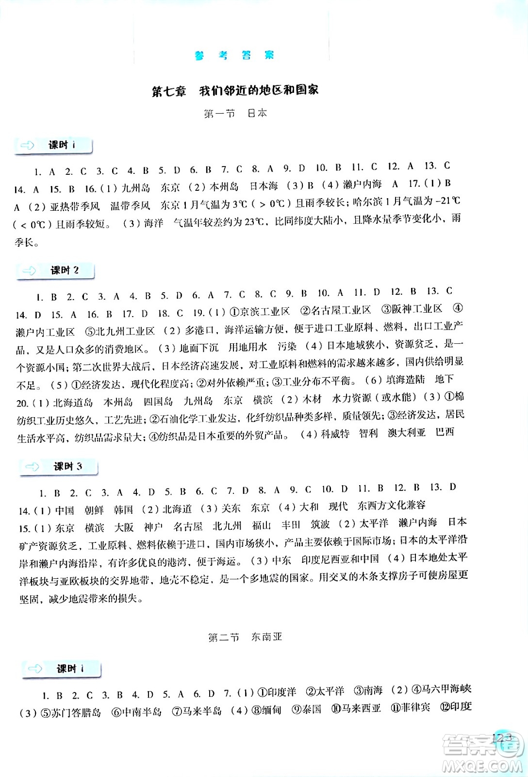 河北人民出版社2024年春同步訓(xùn)練七年級地理下冊人教版答案
