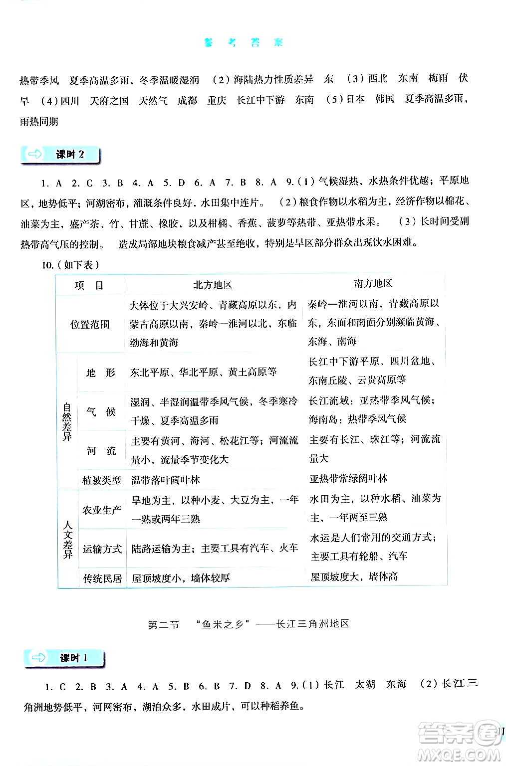河北人民出版社2024年春同步訓(xùn)練八年級地理下冊人教版答案