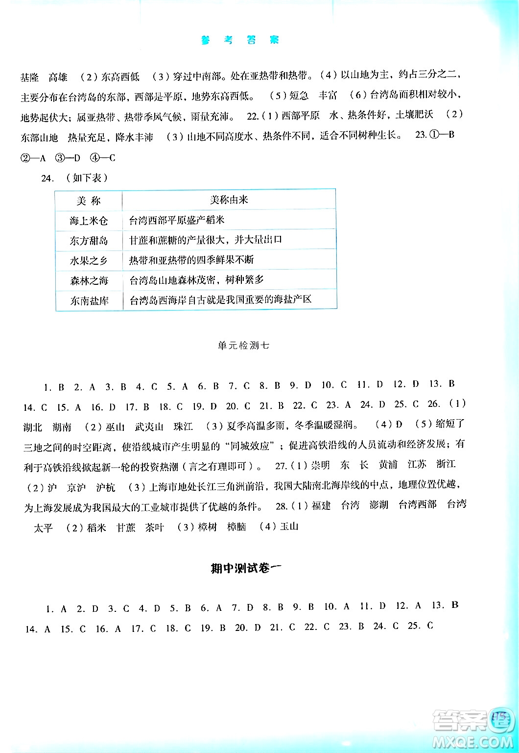 河北人民出版社2024年春同步訓(xùn)練八年級地理下冊人教版答案