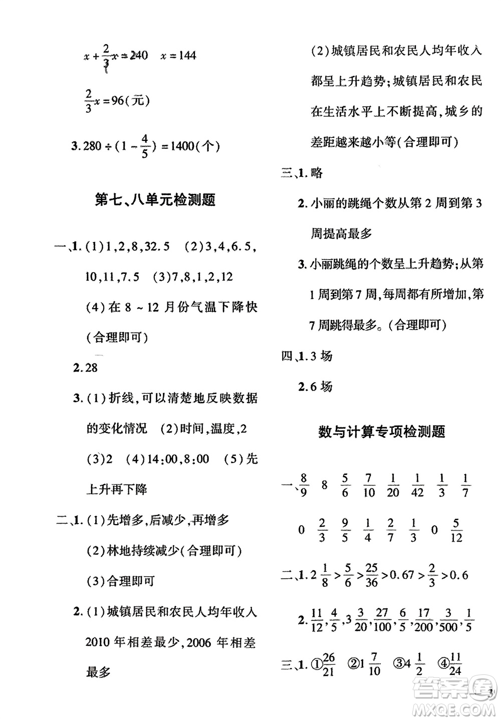 濟南出版社2024年春黃岡360度定制密卷五年級數(shù)學(xué)下冊冀教版參考答案