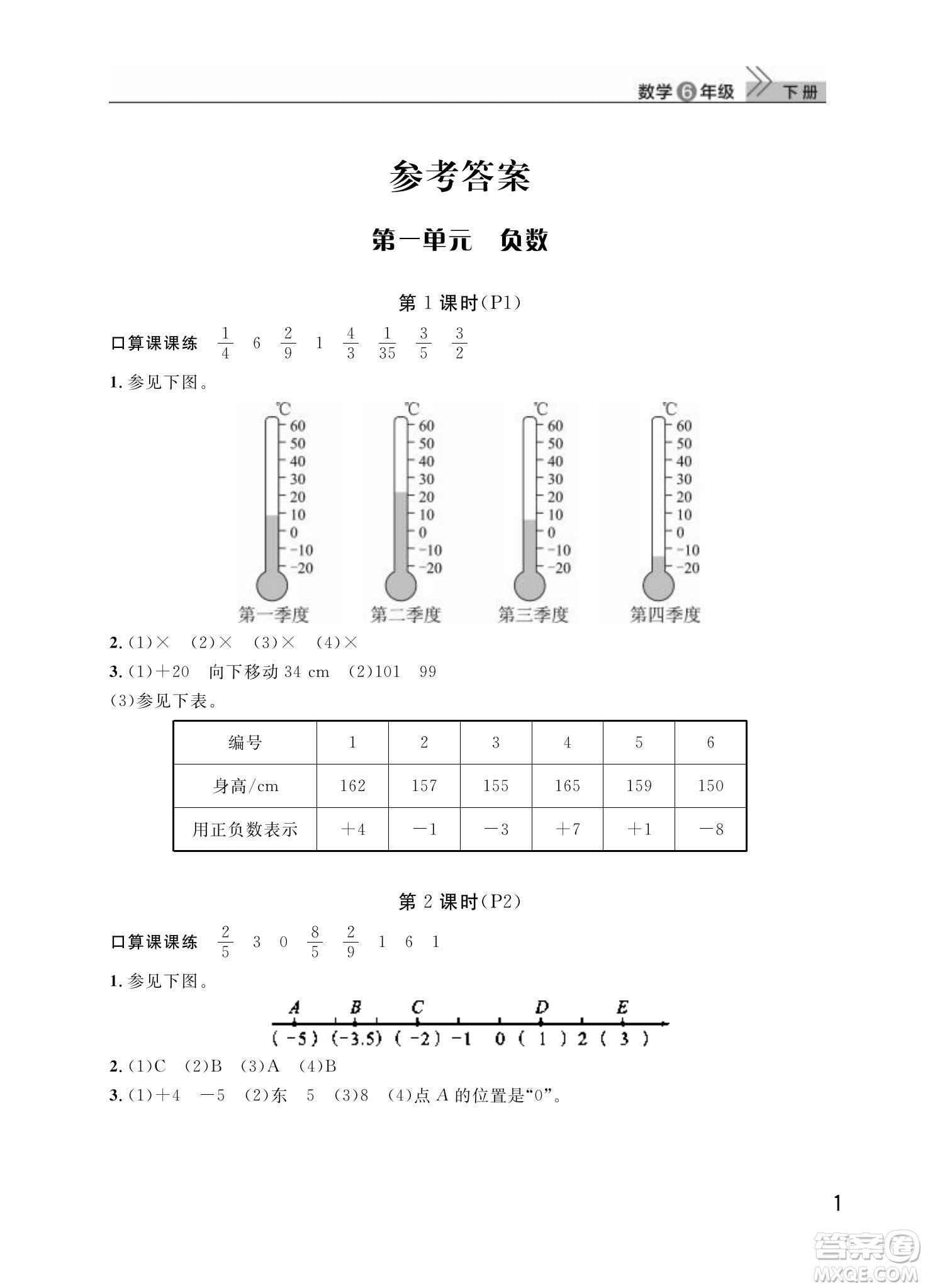 武漢出版社2024年春智慧學(xué)習(xí)天天向上課堂作業(yè)六年級(jí)數(shù)學(xué)下冊(cè)人教版答案