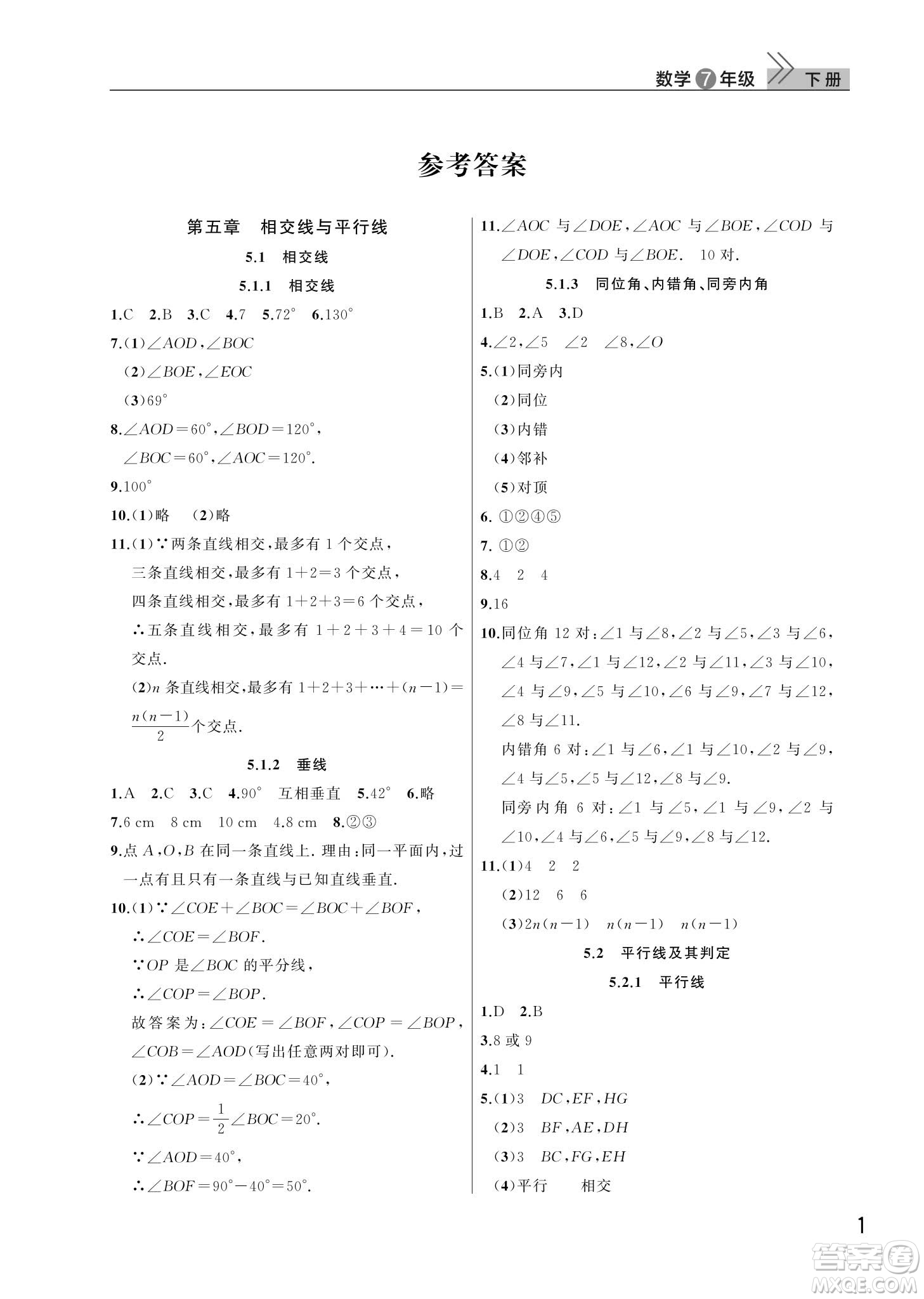 武漢出版社2024年春智慧學(xué)習(xí)天天向上課堂作業(yè)七年級數(shù)學(xué)下冊人教版答案