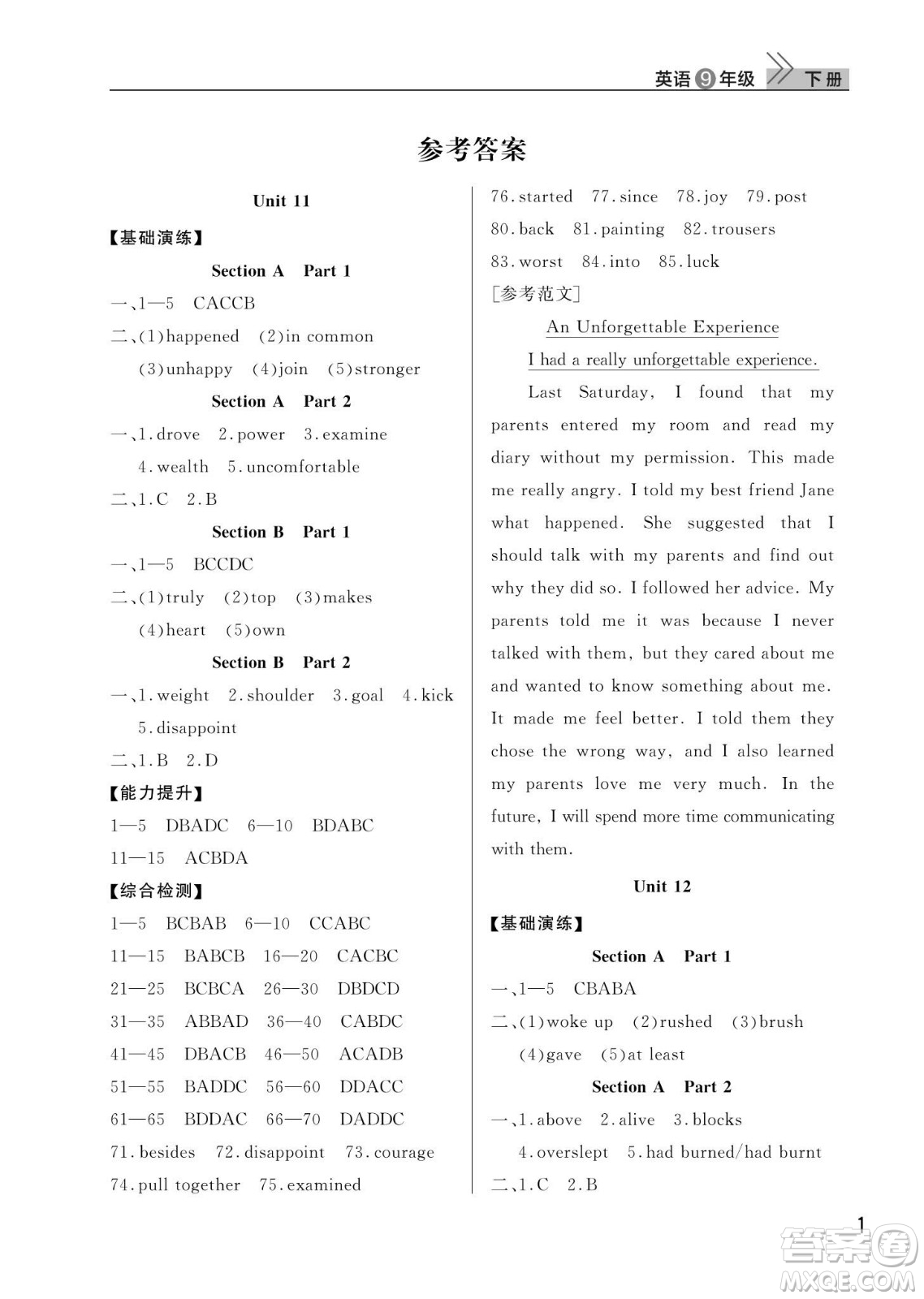 武漢出版社2024年春智慧學(xué)習(xí)天天向上課堂作業(yè)九年級(jí)英語下冊(cè)人教版答案