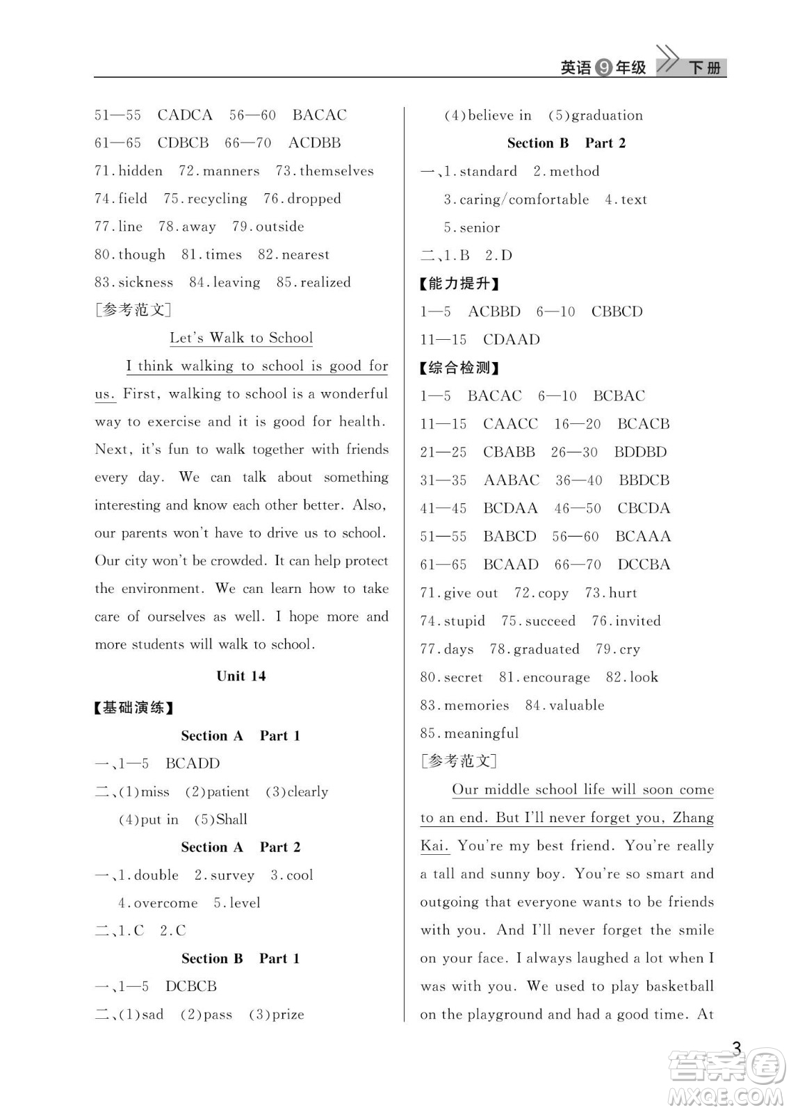 武漢出版社2024年春智慧學(xué)習(xí)天天向上課堂作業(yè)九年級(jí)英語下冊(cè)人教版答案