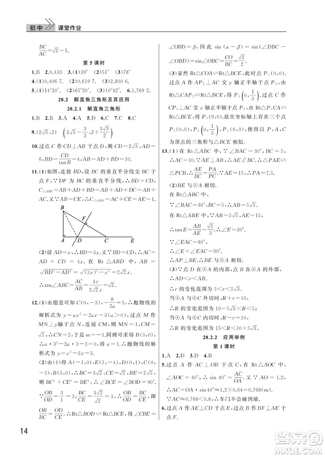 武漢出版社2024年春智慧學習天天向上課堂作業(yè)九年級數(shù)學下冊人教版答案