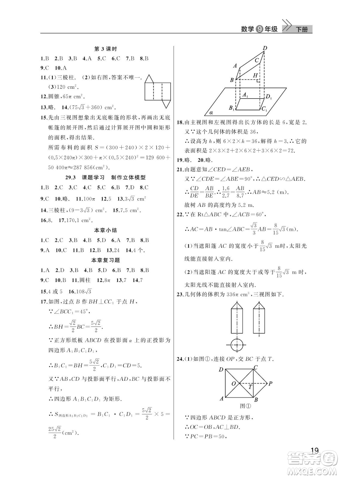 武漢出版社2024年春智慧學習天天向上課堂作業(yè)九年級數(shù)學下冊人教版答案