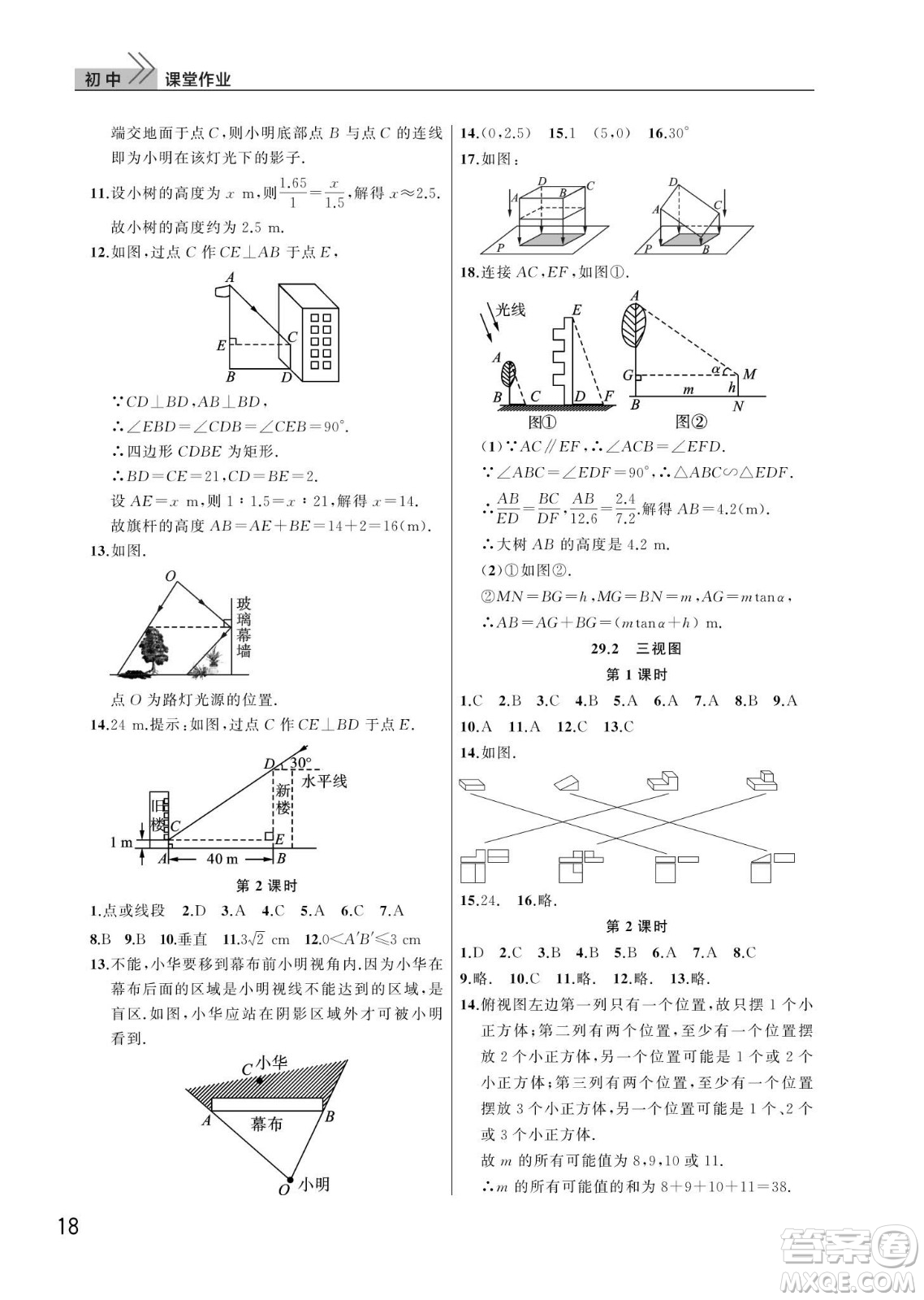 武漢出版社2024年春智慧學習天天向上課堂作業(yè)九年級數(shù)學下冊人教版答案