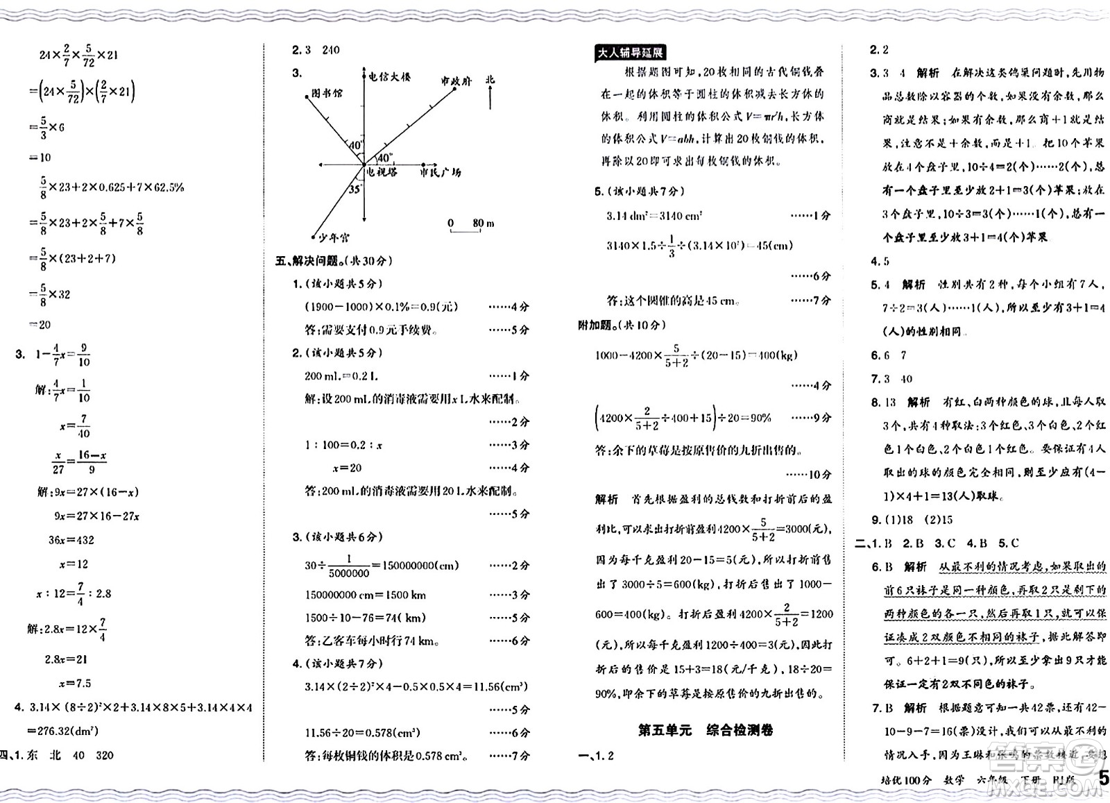 江西人民出版社2024年春王朝霞培優(yōu)100分六年級數(shù)學下冊人教版答案