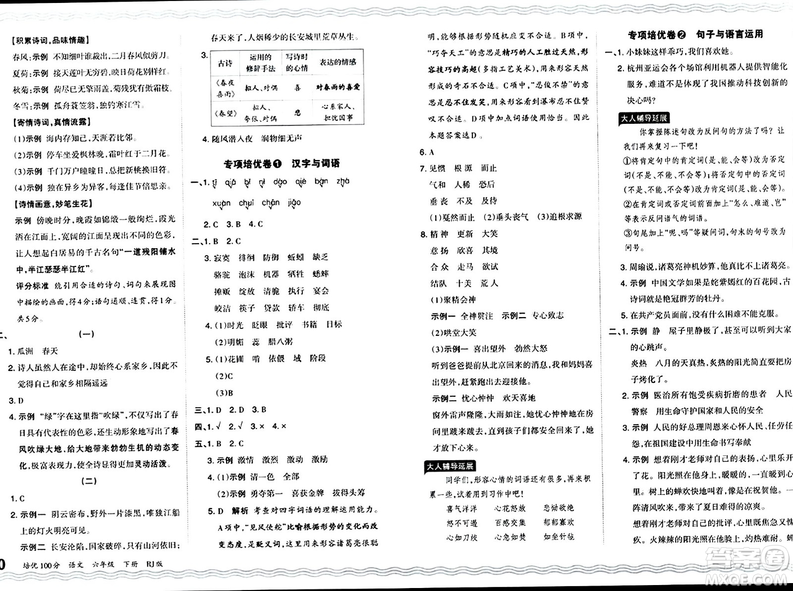 江西人民出版社2024年春王朝霞培優(yōu)100分六年級語文下冊人教版答案