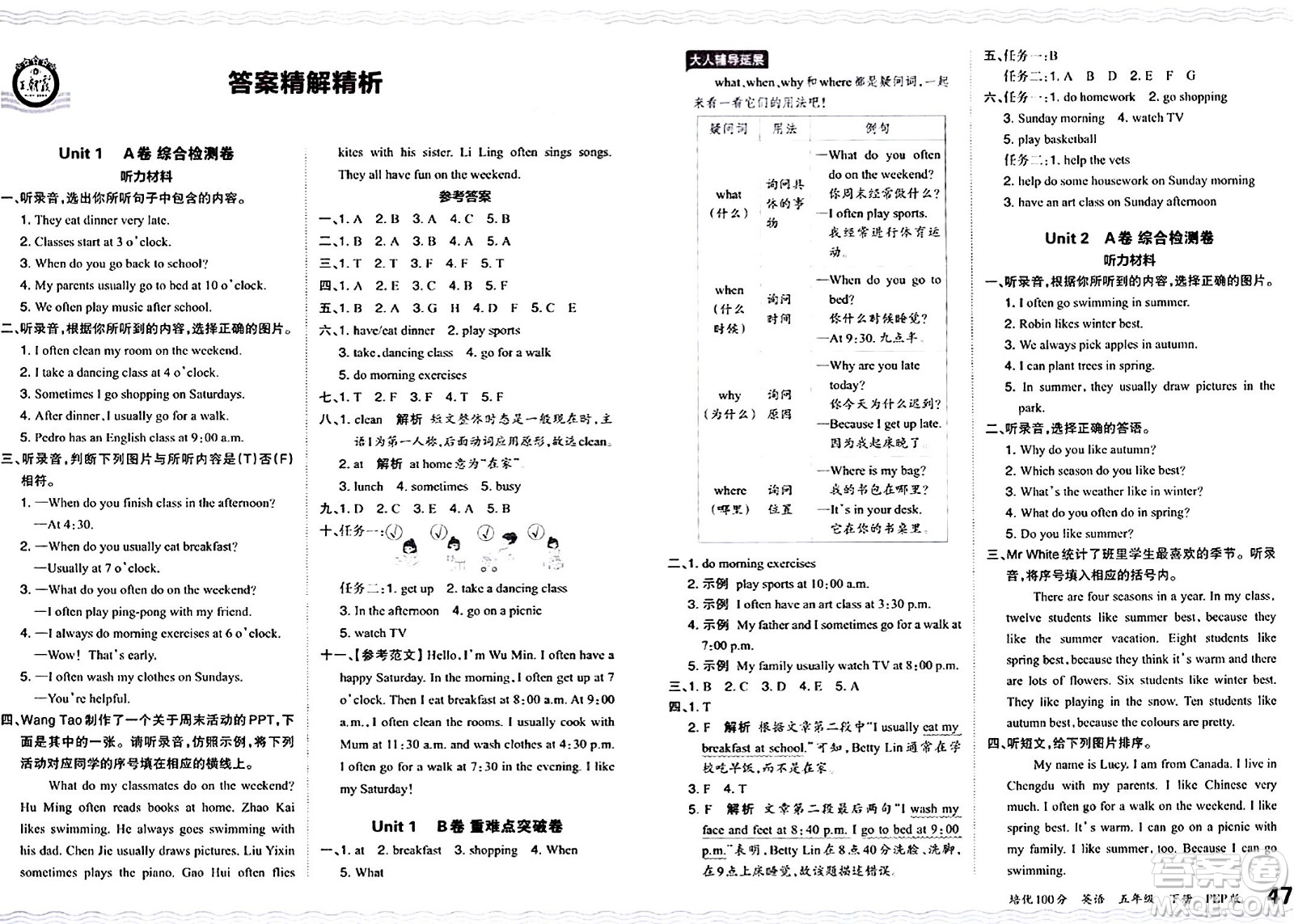 江西人民出版社2024年春王朝霞培優(yōu)100分五年級(jí)英語下冊(cè)人教PEP版答案