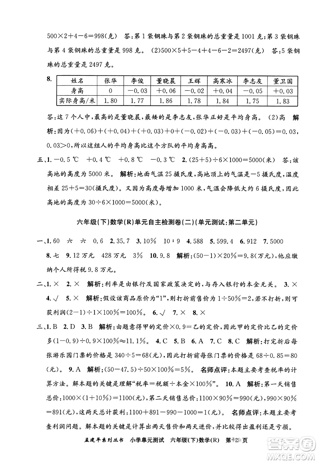浙江工商大學(xué)出版社2024年春孟建平小學(xué)單元測試六年級(jí)數(shù)學(xué)下冊(cè)人教版答案