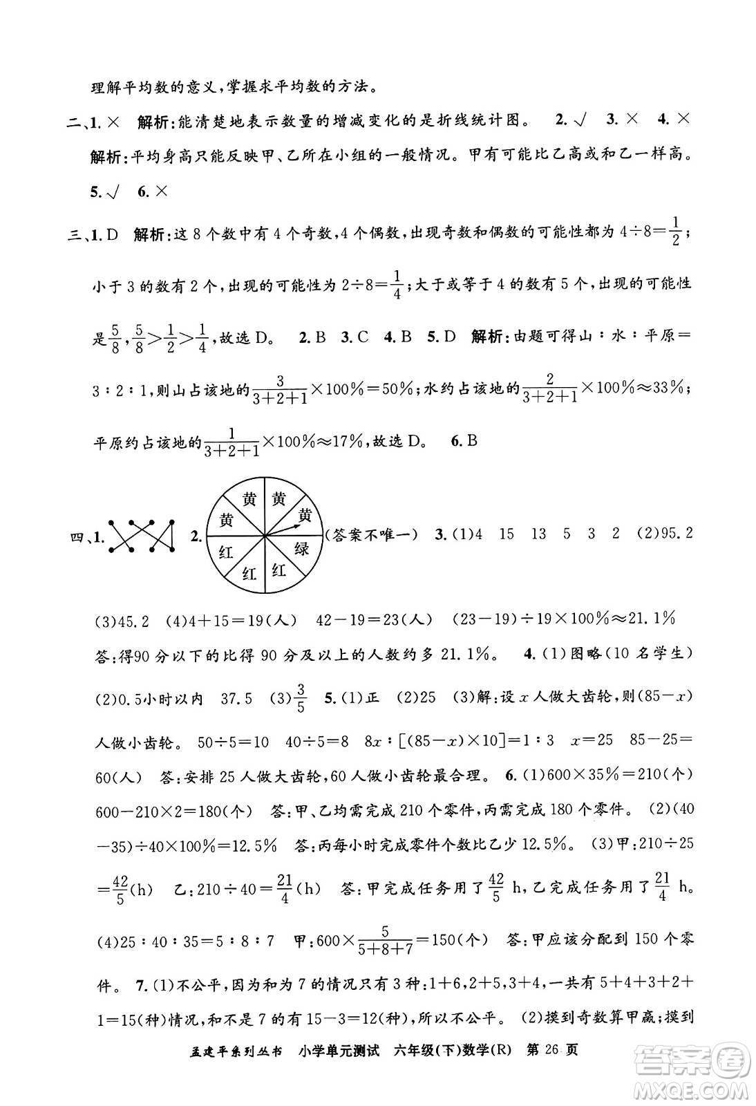 浙江工商大學(xué)出版社2024年春孟建平小學(xué)單元測試六年級(jí)數(shù)學(xué)下冊(cè)人教版答案