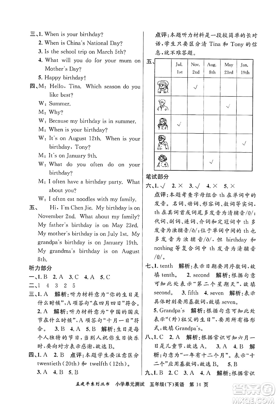 浙江工商大學(xué)出版社2024年春孟建平小學(xué)單元測(cè)試五年級(jí)英語(yǔ)下冊(cè)人教PEP版答案