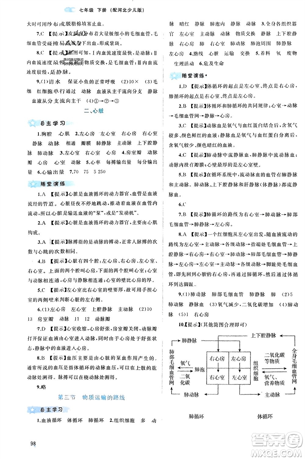 廣西師范大學出版社2024年春新課程學習與測評同步學習七年級生物下冊冀少版參考答案