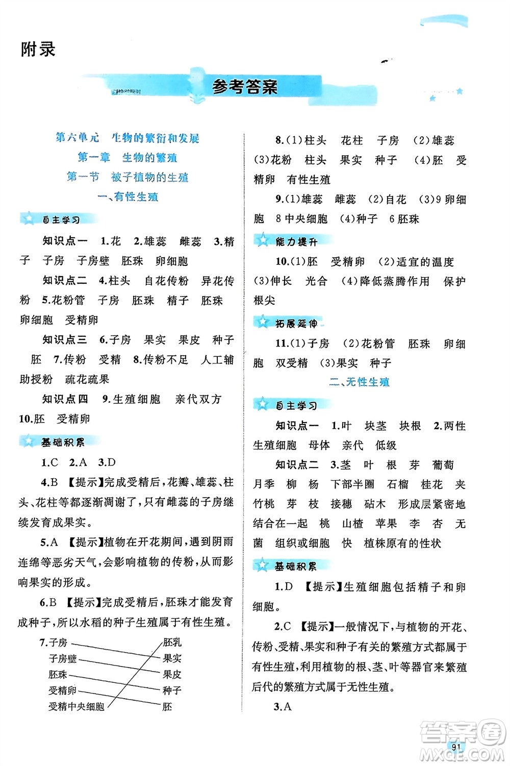 廣西師范大學(xué)出版社2024年春新課程學(xué)習(xí)與測(cè)評(píng)同步學(xué)習(xí)八年級(jí)生物下冊(cè)冀少版參考答案