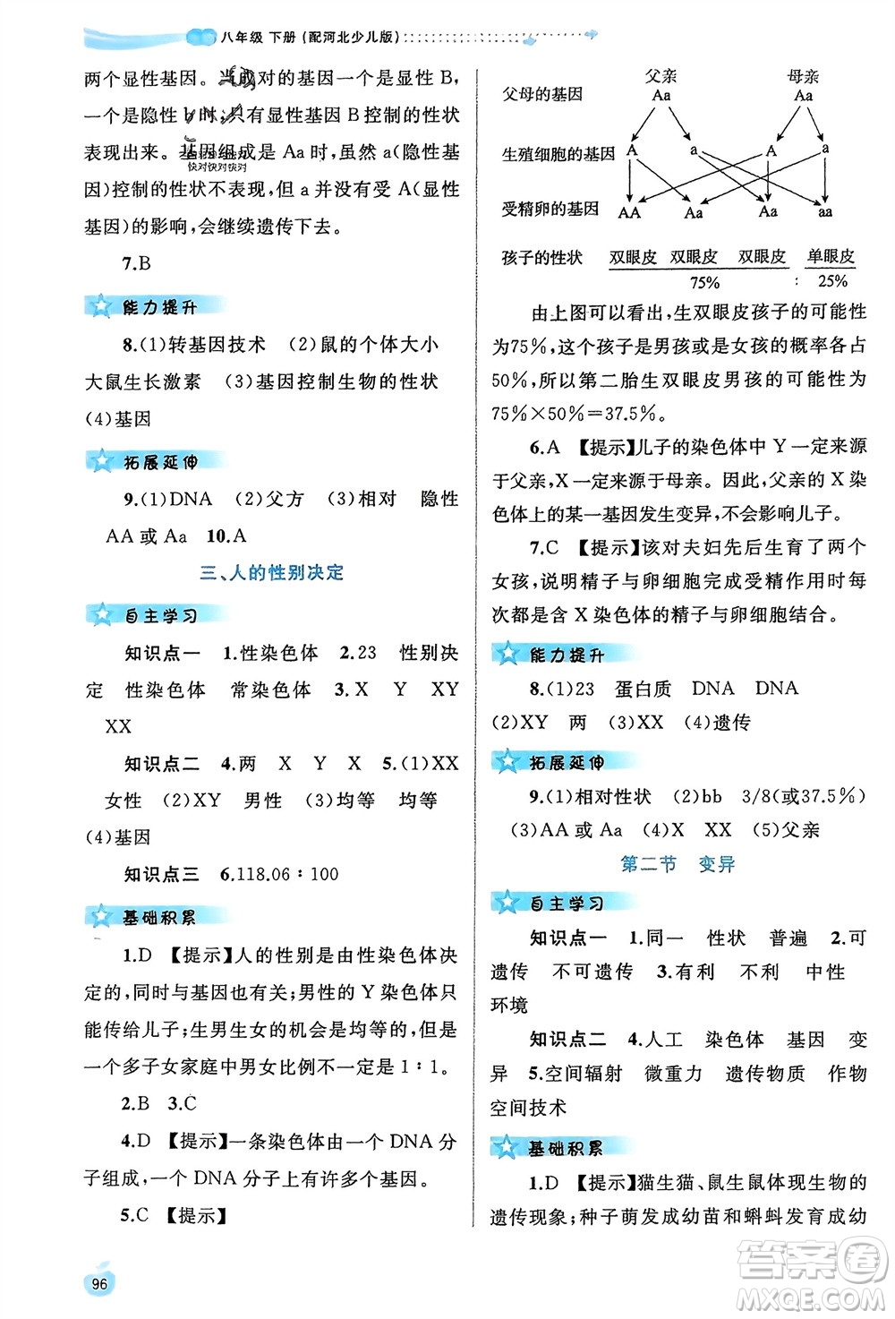 廣西師范大學(xué)出版社2024年春新課程學(xué)習(xí)與測(cè)評(píng)同步學(xué)習(xí)八年級(jí)生物下冊(cè)冀少版參考答案