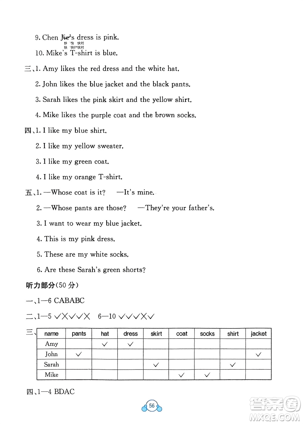 廣西教育出版社2024年春自主學習能力測評單元測試四年級英語下冊A版人教版參考答案