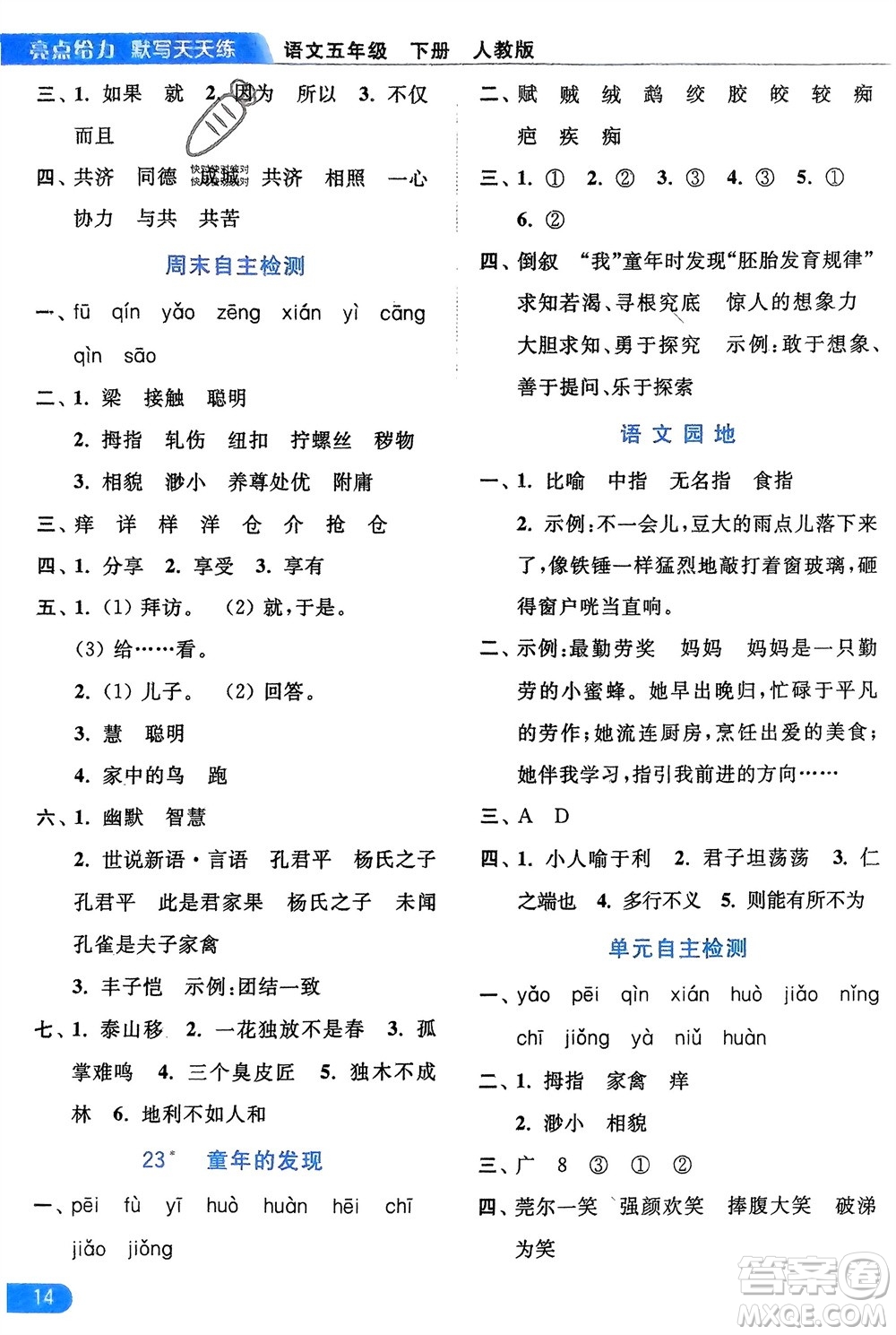 北京教育出版社2024年春亮點(diǎn)給力默寫天天練五年級語文下冊人教版參考答案