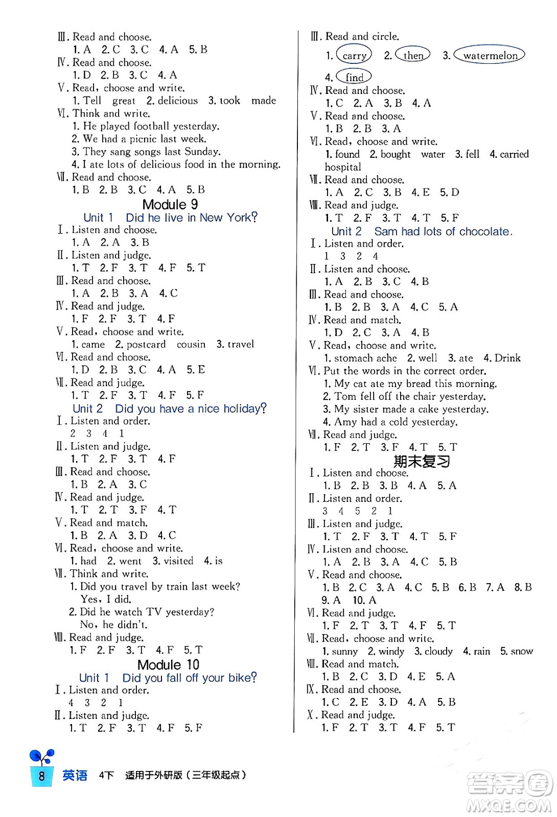 四川教育出版社2024年春新課標(biāo)小學(xué)生學(xué)習(xí)實(shí)踐園地四年級(jí)英語(yǔ)下冊(cè)外研版三起點(diǎn)答案
