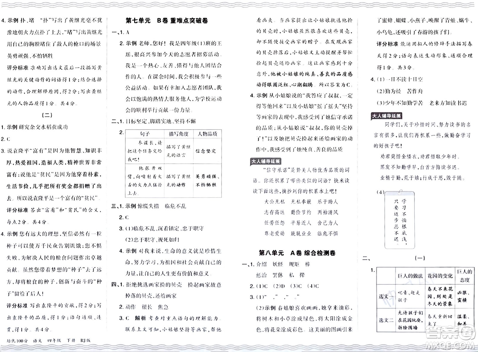 江西人民出版社2024年春王朝霞培優(yōu)100分四年級語文下冊人教版答案