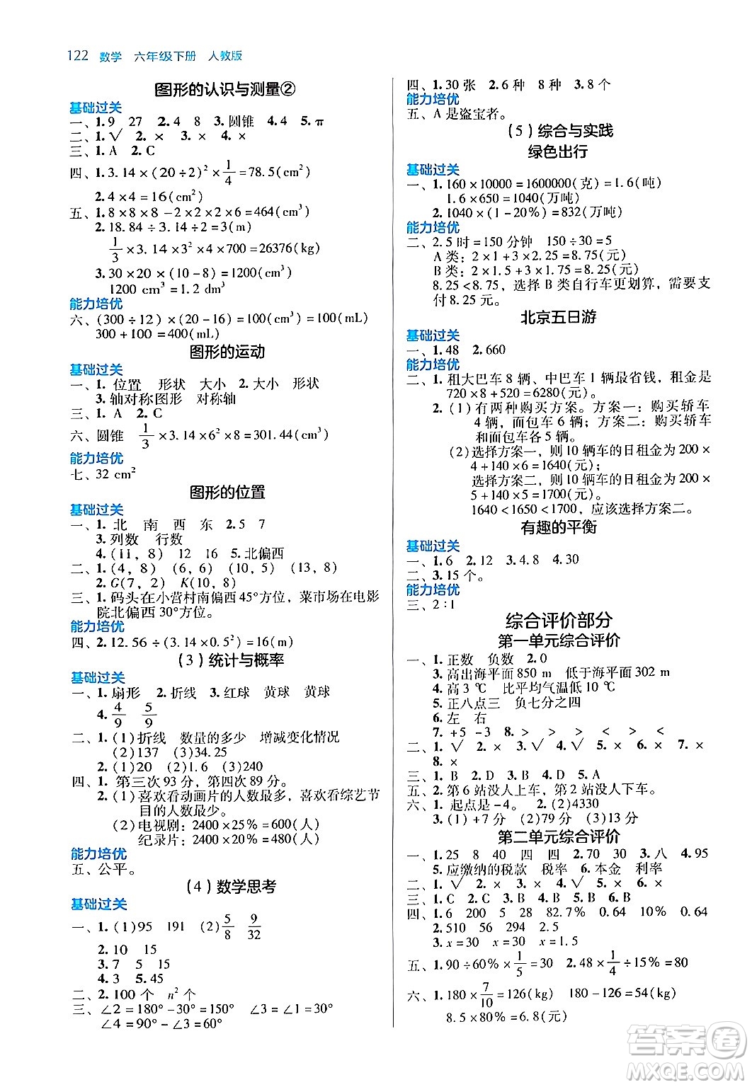 湖南教育出版社2024年春學(xué)法大視野六年級數(shù)學(xué)下冊人教版答案