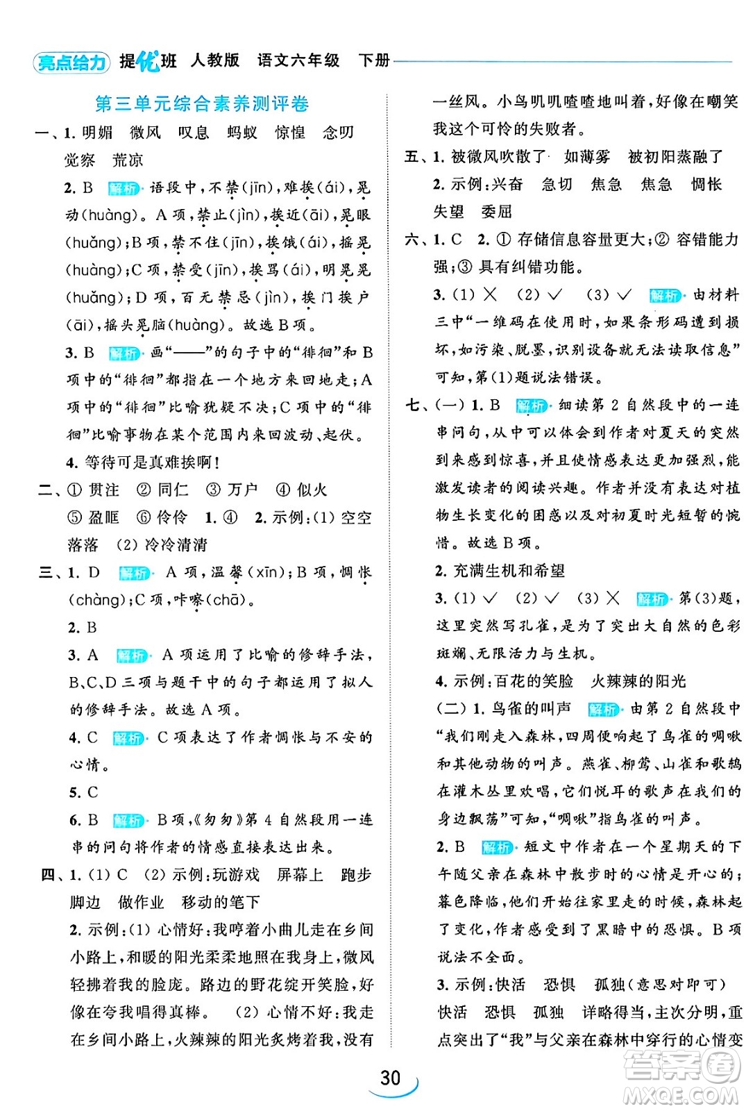 北京教育出版社2024年春亮點給力提優(yōu)班六年級語文下冊江蘇版答案